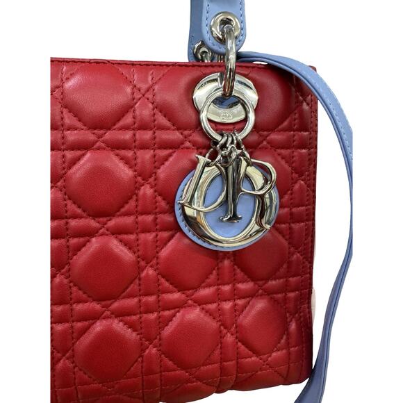 Authentic Dior Mini Lady Dior Tricolour Red / Pink / Blue Lambskin Cannage Bag - Picture 9 of 12